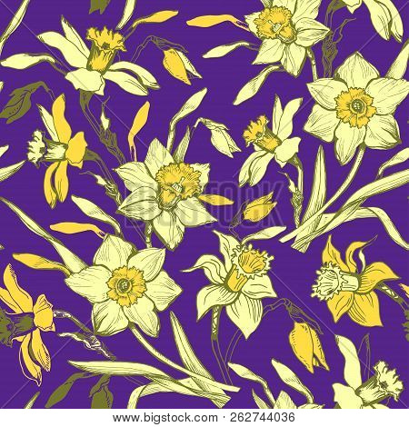 Floral Seamless Pattern With Yellow Hand Drawn Flowers Daffodils, Narcissus. Bright Yellow Floral El