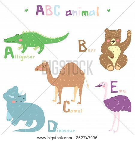 Vector Hand Drawn Cute Abc Alphabet Animal Colorful Scandinavian Design, Alligator, Bear, Camel, Din