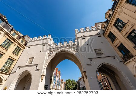 Munich, Germany - Sept 6, 2018: Karlstor Gate In Neo-gothic Style Once Called Neuhauser Tor, Karlspl