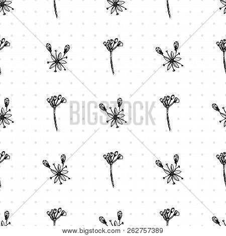 Simple Seamless Pattern With Realistic Botanical Ink Sketch Ginseng Flowers Solated On White, Floral