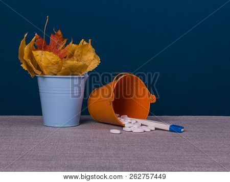 One Pail With Pills And Thermometer, One Pail Is Full With Autumn Leaves, Close-up.