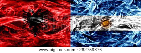 Albania Vs Argentina, Argentinian Smoke Flags Placed Side By Side. Thick Colored Silky Smoke Flags O