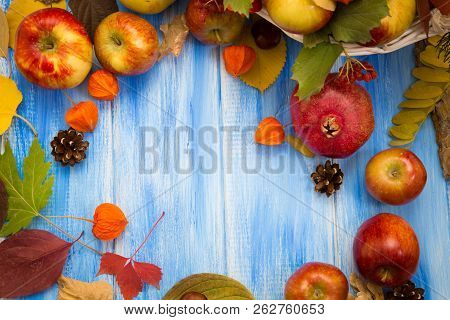 Autumn Bright Background. Flowers, Leaves And Fruits On A Blue Wooden Background. Background For The