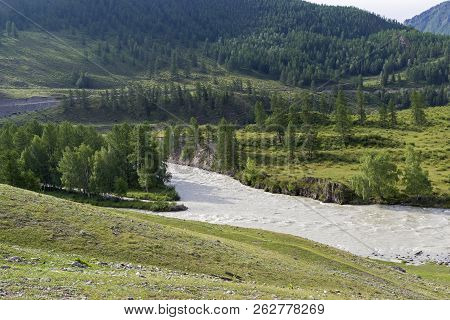 View Of The Chuya River From The Village Of Chibit. August. Altai Mountains, Siberia, Russia.