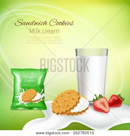 Milk Dairy Products Realistic Composition With Full Glass And Cream Sandwich Cookies Background Adve