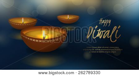 Vector Festive Horizontal Illustration For Indian Hindu Holiday Deepavali With 3d Realistic Oil Lamp