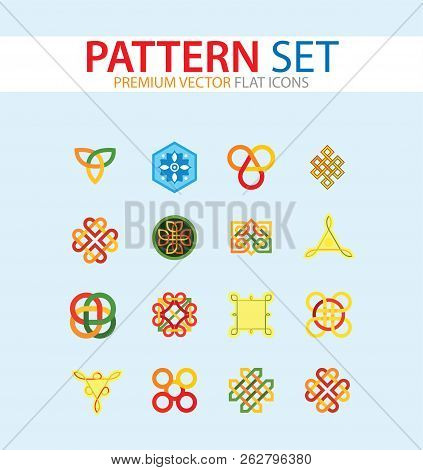 Pattern Icon Set. Hexagon Infinite Traditional Knot Chinese Amulet Round Creative Square Pattern Ete