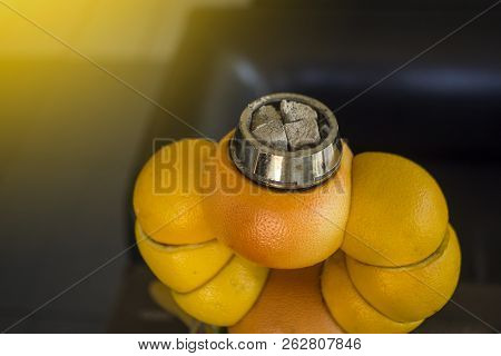 Beautiful Glass Hookah, With A Fruit Bowl, Consisting Of Oranges And Grapefruit.