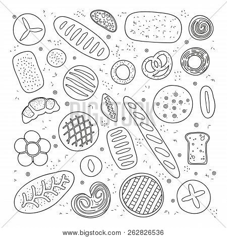 Collection Of Hand Drawn Outline Baking Bread, Bagel, Buns And Pastries Isolated On White Background