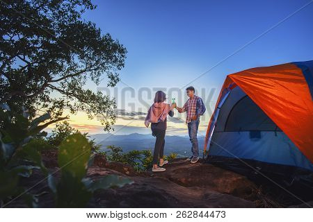 Camping Tent In Campground At The Mountain With Sunset,sunset Inside A Tent,tourist Tent In Forest C