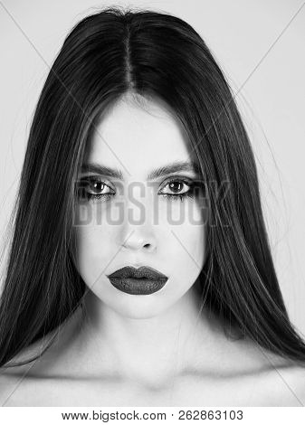 High Fashion Beauty Model Girl With Black Make Up And Long Laches And Hair. Black Lips. Dark Lipstic