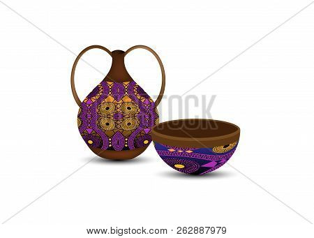 Calabash Water Bottle Colorful Logo Design. Ceramic Vase And Bowl, Authentic Symbol Of Africa With E