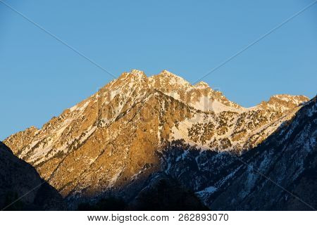 Snowy Peak in Tena Valley, Panticosa, Aragon, Huesca, Spain.