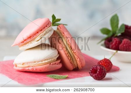 A Beautiful Heart Made Of Macaroons And Raspberry. Valentines Day Consept. Flat Lay, Top View. Macar