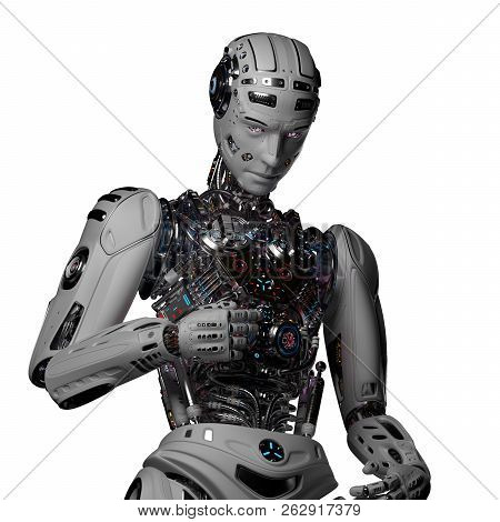 3d Render Futuristic Robot Man With Uncovered Internal Body System On White Or Transparent Backgroun