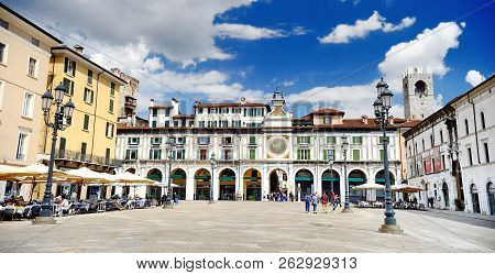 Brescia, Italy - May 15, 2017: The Panorama Of Piazza Della Loggia Square At Sunny Day