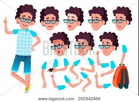 Teen Boy Vector. Teenager. Emotional, Pose. Face Emotions, Various Gestures. Animation Creation Set.