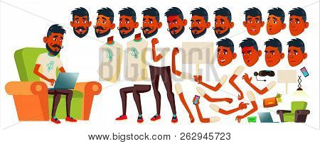 Teen Boy Vector. Indian, Hindu. Asian. Animation Creation Set. Face Emotions, Gestures. Activity, Be