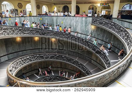 Rome, Italy - August 2017: Famous Spiral Bramante Stairs In Vatican Museums