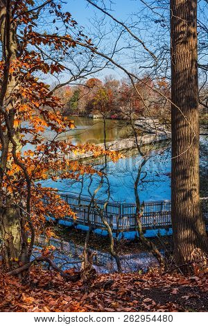 A Scenic Overlook Of Smithville Lake With Autumn Leaves In Burlington County New Jersey.