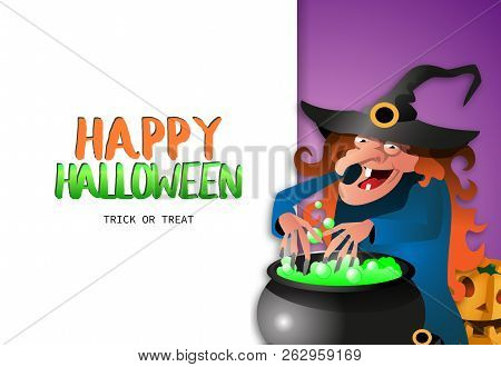 Happy Halloween Trick Or Treat Banner With Toothless Witch In Cap Preparing Potion In Caldron On Pur