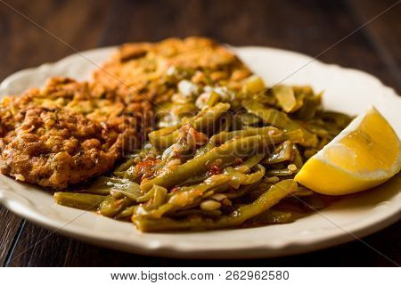 Turkish Food Zeytinyagli Fasulye With Mucver ( Green Beans With Olive Oil)