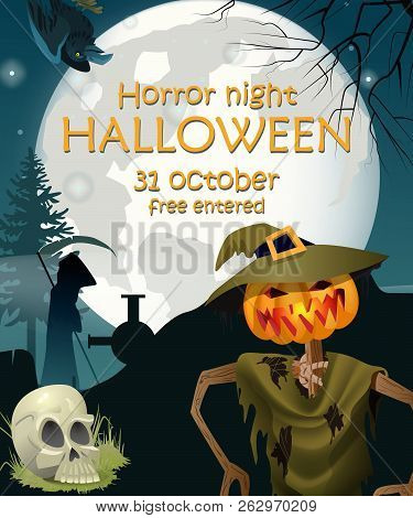 Halloween Invitation Design To Free Entered Party. Horror Night Lettering And Straw Man With Pumpkin