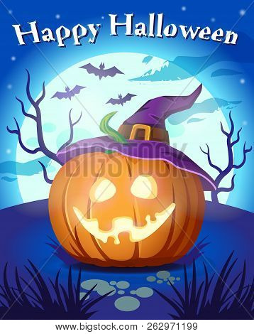 Halloween Pumpkin In Witch Hat. Halloween Illustration.