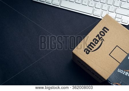 Kuala Lumpur, Malaysia - April 1, 2020 : Amazon Prime Box Or Amazon Shipping Box On Black Background