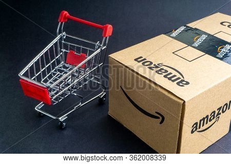 Kuala Lumpur, Malaysia - April 1, 2020 : Amazon Prime Box Or Amazon Shipping Box On Black Background