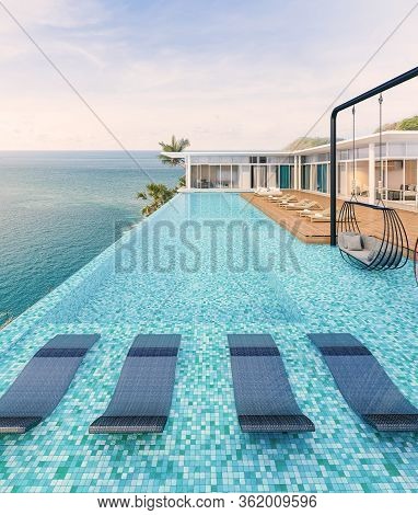 Sea View With A Beautiful Swimming Pool, Sunbeds And Swings,3d Render