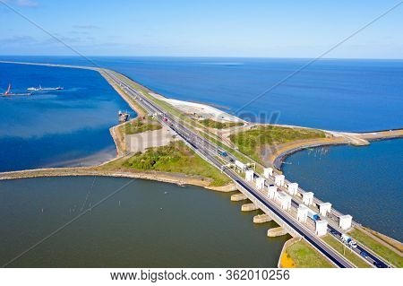 Aerial from sluices at Kornwerderzand in the Netherlands