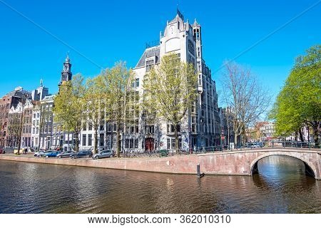 City scenic from Amsterdam in spring in the Netherlands with the Westerkerk