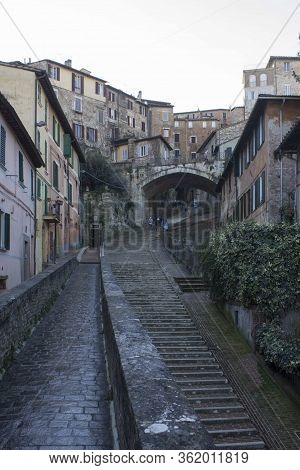 Perugia, Italy - December 10 2016: The Ancient Pedestrian Aqueduct Street Of Perugia, Italy