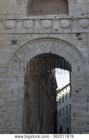 Perugia, Italy - December 10 2016: The Historical Building Called Etruscan Arch In Perugia, Italy
