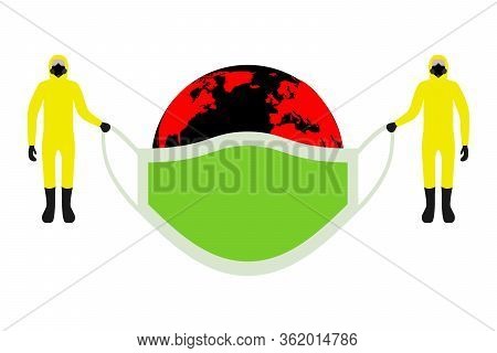Flat People In Yellow Protective Suit Hold Green Protection Medical Face Mask For Protect World Map 