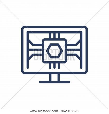 Microchip On Monitor Thin Line Icon. Cpu, Hexagon, Embedded Device Isolated Outline Sign. Computer T