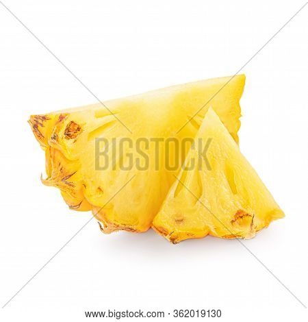 Pineapple Pieces Isolated On White Background. Fresh Pineapple  Closeup, Tropical Food Concept