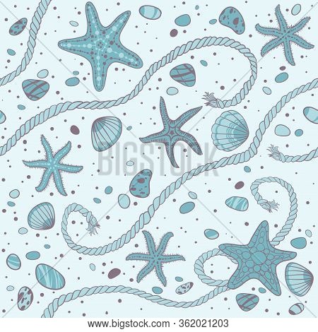 Hand Drawn Seastars, Rope, Seastones And Seashells, Vector Seamless Pattern.