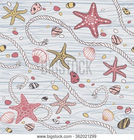 Hand Drawn Seastars, Rope, Seastones And Seashells, Vector Seamless Pattern.