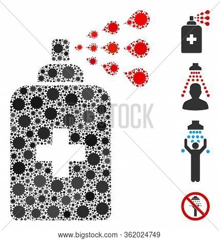 Collage Sanitizer Spray Constructed From Covid-2019 Virus Icons In Variable Sizes And Color Hues. Ve