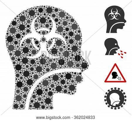 Mosaic Infected Patient Composed Of Coronavirus Items In Random Sizes And Color Hues. Vector Infecti