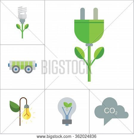 Eco Icon Set. Electrocart Flowers Electrocar Carbon Dioxide Cycle Co2 In Cloud Eco-friendly Lightbul