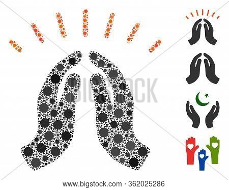Mosaic Hope Hands Constructed From Covid-2019 Virus Icons In Random Sizes And Color Hues. Vector Vir