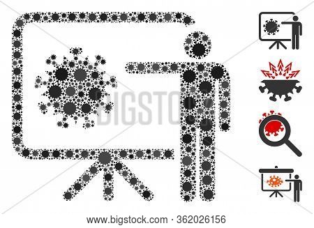 Collage Coronavirus Lecture Composed Of Flu Virus Items In Different Sizes And Color Hues. Vector Vi