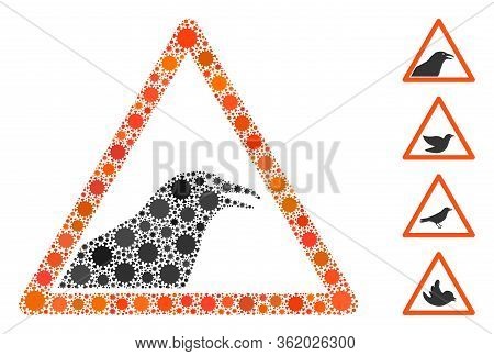 Mosaic Bird Warning Constructed From Coronavirus Items In Random Sizes And Color Hues. Vector Infect