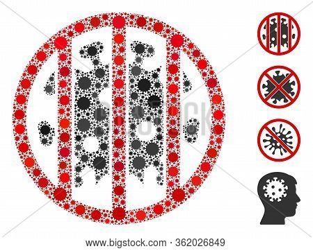 Mosaic Coronavirus Jail Constructed From Flu Virus Icons In Random Sizes And Color Hues. Vector Path