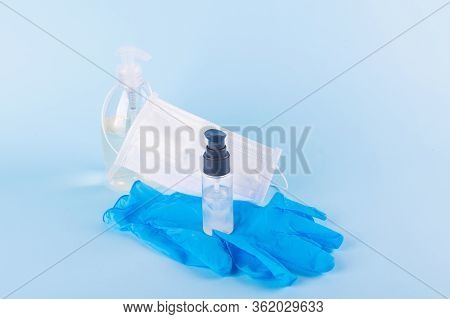 Protective Kit For Prevention Of Virus Infection, Gel Hand Sanitizer, White Surgical Mask, Blue Late