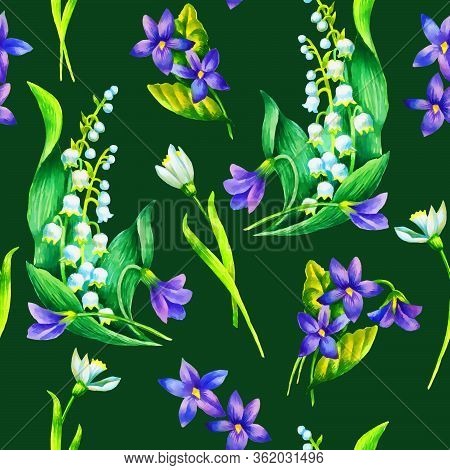 Spring Flowers: Snowdrop, May-lilly, Viola  Seamless Pattern, Hand Paint Watercolor Illustration, Te