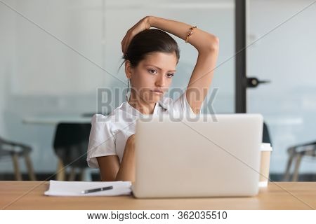 Woman Looking Pc Screen Think About Problem Solution Search Inspiration